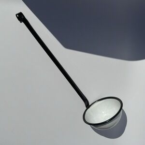 Enamelware Soup Ladle Antique White Black 1930s to 1950s Vintage Kitchen Hook